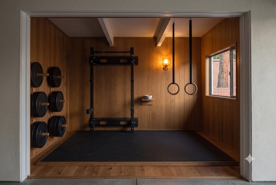 Gym B: strength room, chalk and rings.
