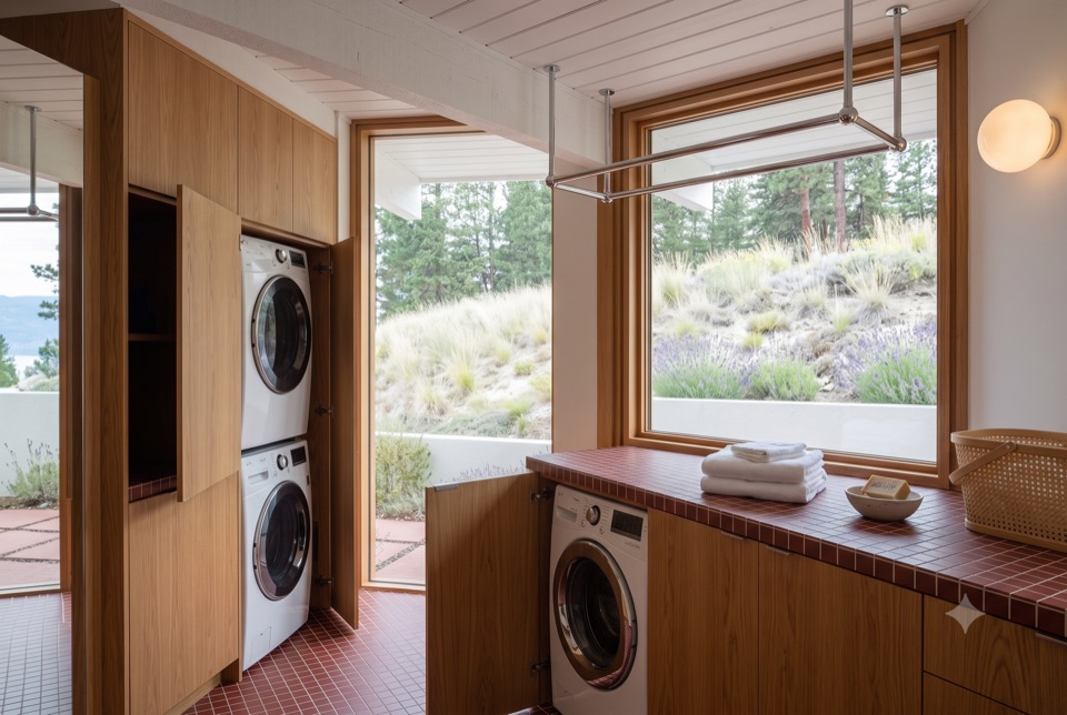 Laundry behind oak millwork.