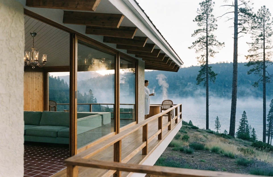 Morning on the deck, mist coming off the lake.