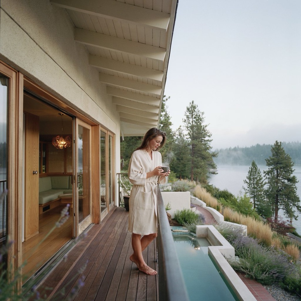 Coffee at the rail, lap pool and lavender below.
