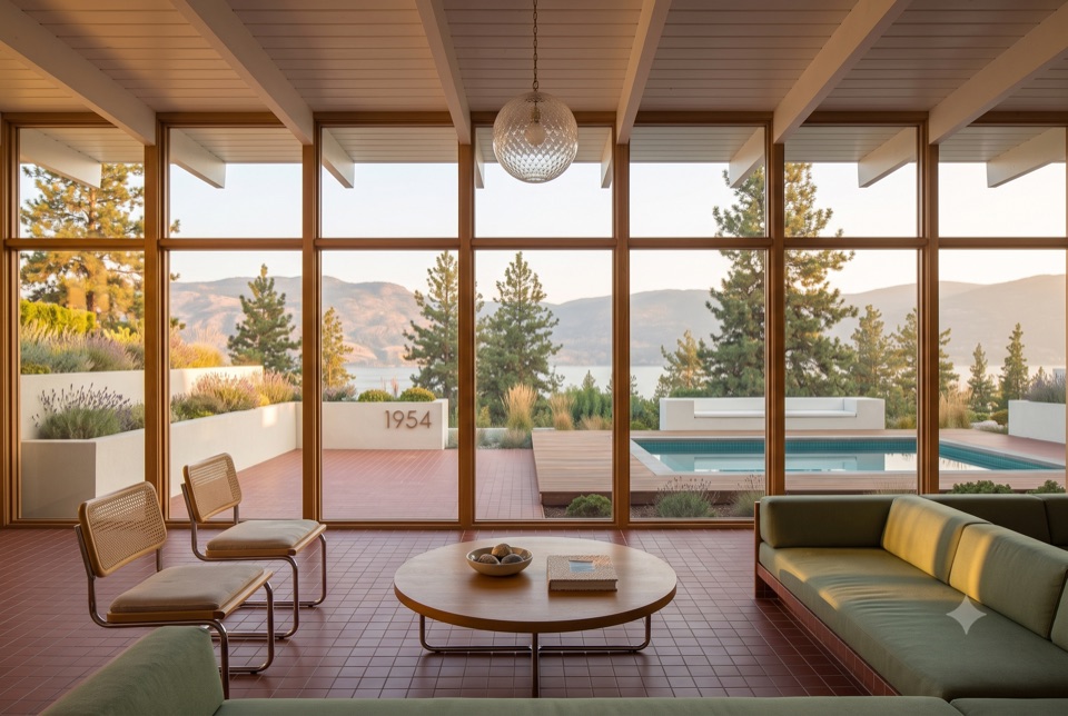 Living room to the glass at golden hour.