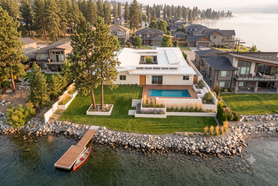 Lakefront: lawn to the shore, dock, canoe.