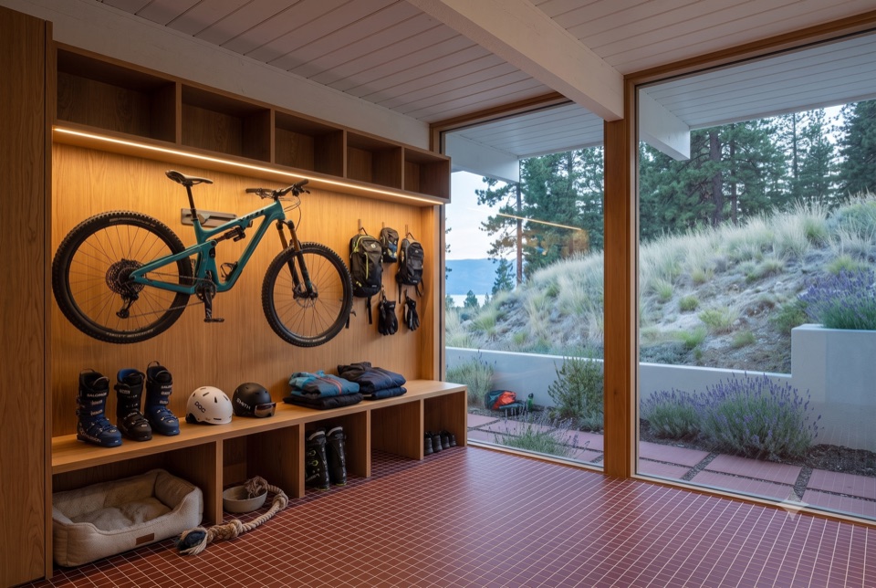 Gear room: skis, bike, dog bed.