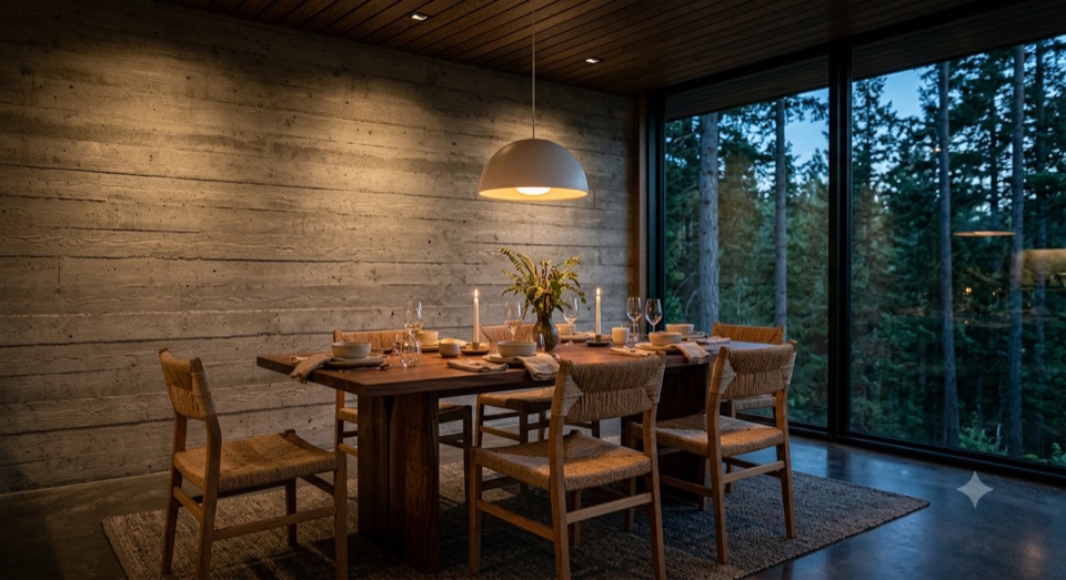 Walnut slab table, rope-back chairs, board-formed concrete behind.