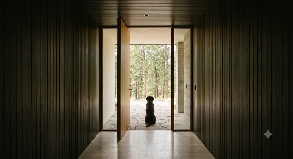 A dark oak tunnel around one rectangle of daylight. The dog waits.