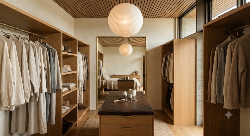 Walk-through dressing. Open oak wardrobes, leather-topped island.