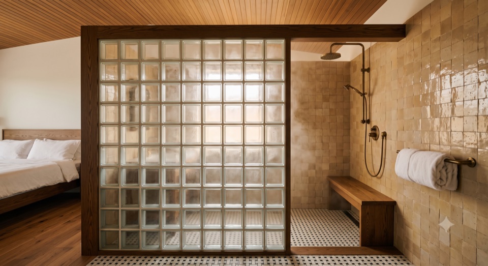 The ensuite split by a wall of hollow glass block in a dark oak frame. Sand zellige behind it.
