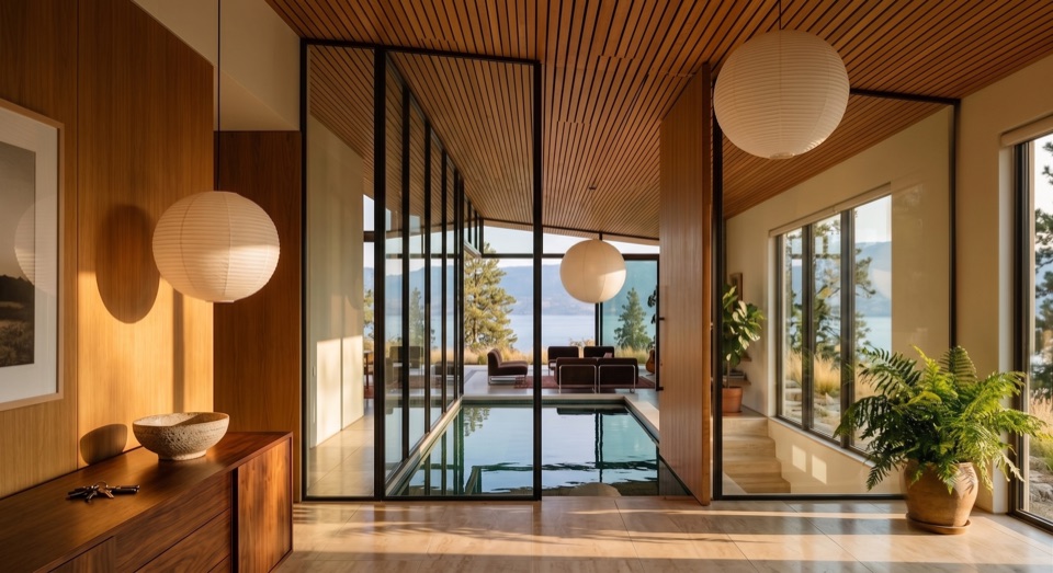 Past the pivot door. The oak slat ceiling lifts away, two paper lanterns, travertine holding the glazing.
