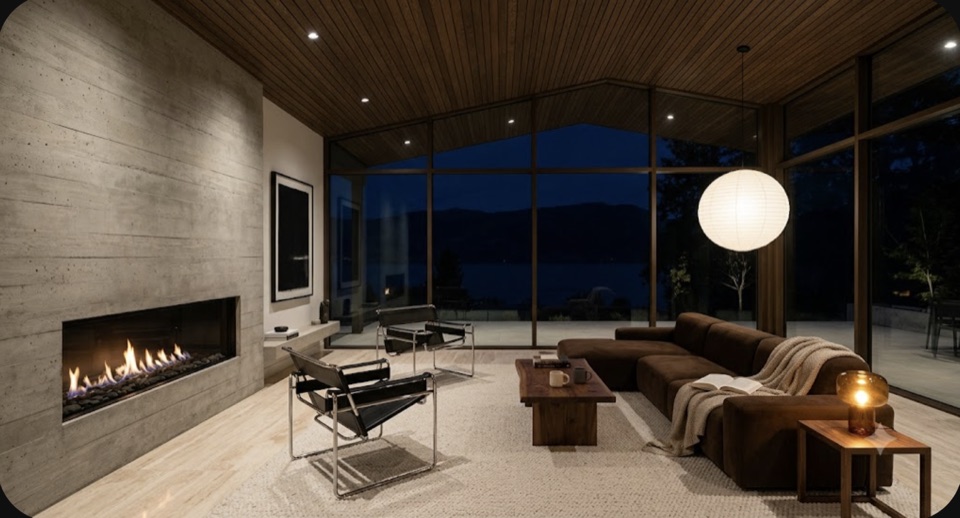 The same room at night, fire lit, everything else dark.