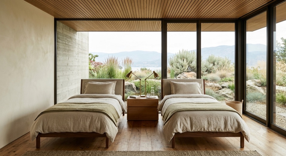 The guest room. Two beds in heavy linen, glazing to rock and bunchgrass.