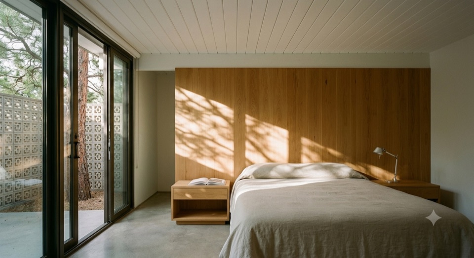 Guest room, morning. Breeze block screen filtering the light.