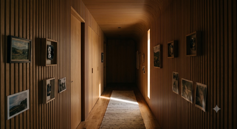 The bedroom hall as a wooden tube. One slot window, one blade of sun.