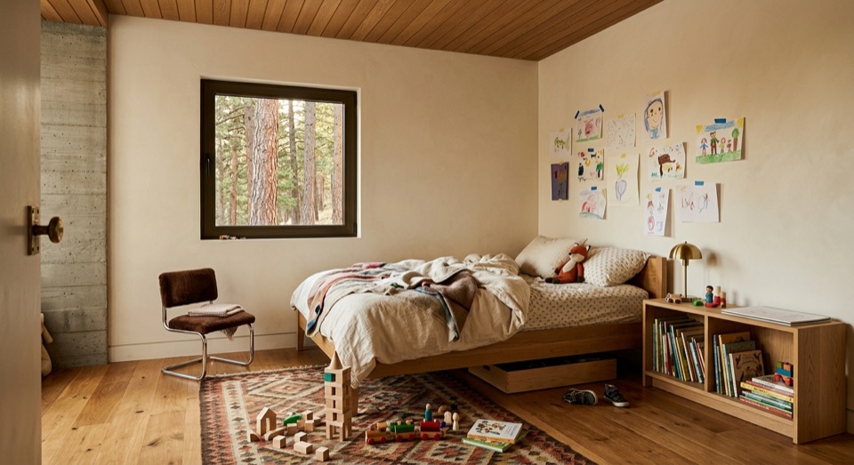 A kid's room, lived in. Drawings taped at kid height, toys mid-game.