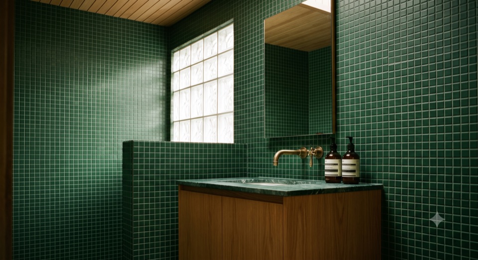 The kids bath. Deep green 2x2 mosaic floor to ceiling, oak vanity, green marble, one brass tap.