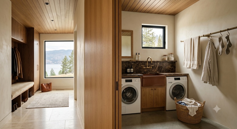 Laundry behind flush oak doors. Brown marble folding counter, brass tap.