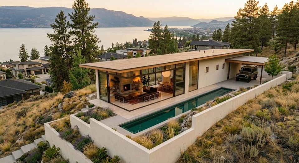 The same bar cut into a hillside bench, stucco retaining walls stepping down below it.