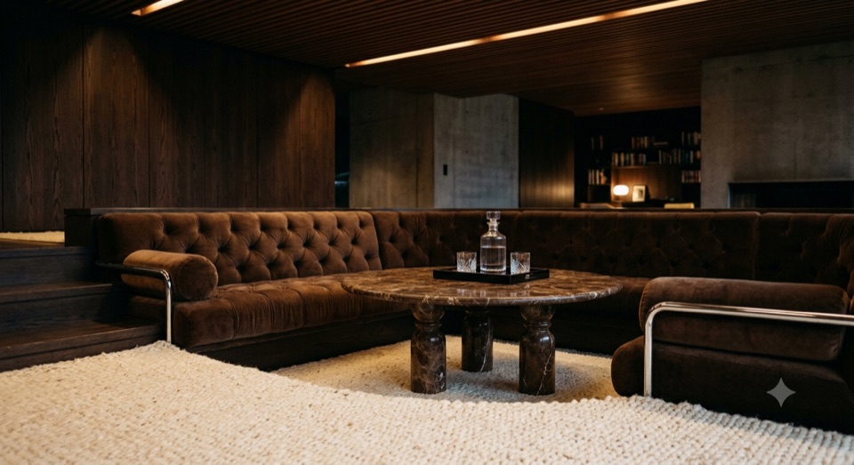 The sunken lounge. Tufted mohair, chrome tube, brown marble, almost no colour.