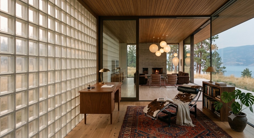 The reading nook. A whole wall of hollow glass block, milky light.