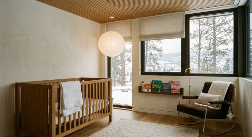 The nursery again, wider. Snow on the bench outside.
