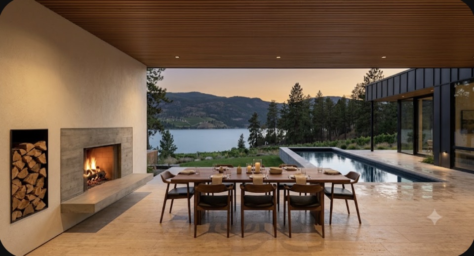 The covered outdoor room, hearth lit.