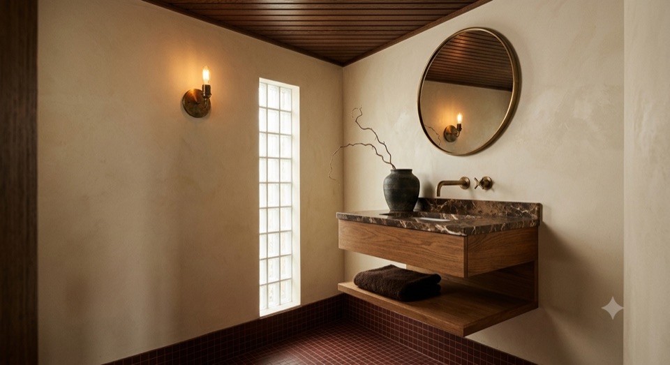 The powder room. Oxblood mosaic base, one brass sconce, a slot of glass block.