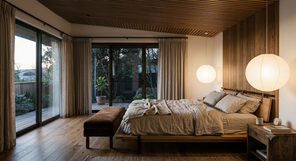 The primary. Oak ceiling coming down low, paper globes either side of the bed.