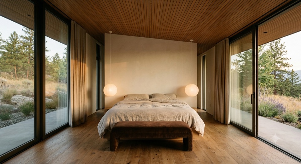 The primary, glazing both sides, bed floating in the middle.