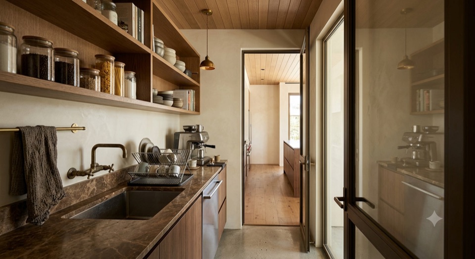 The scullery again. Jars, second sink, the espresso machine.