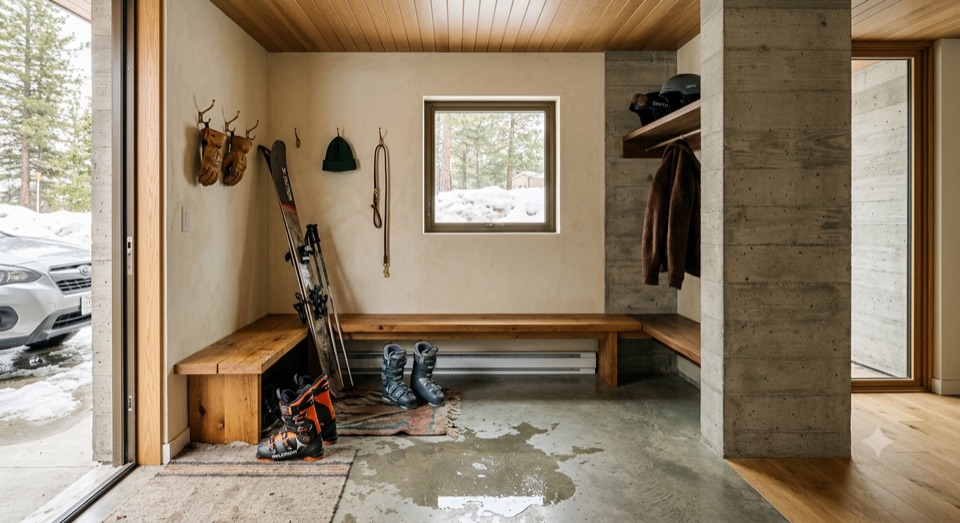 Late March. Boots open and drying, skis against the plaster, a puddle on the slab.