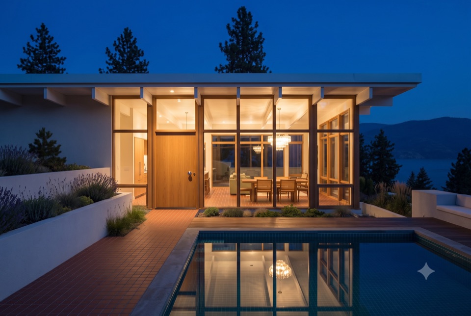 Night. The house glowing from within.