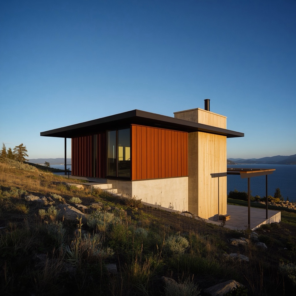 Your Leonardo run: corrugated Corten on a board-formed base, pale wood chimney volume, thin dark roof, steel canopy.