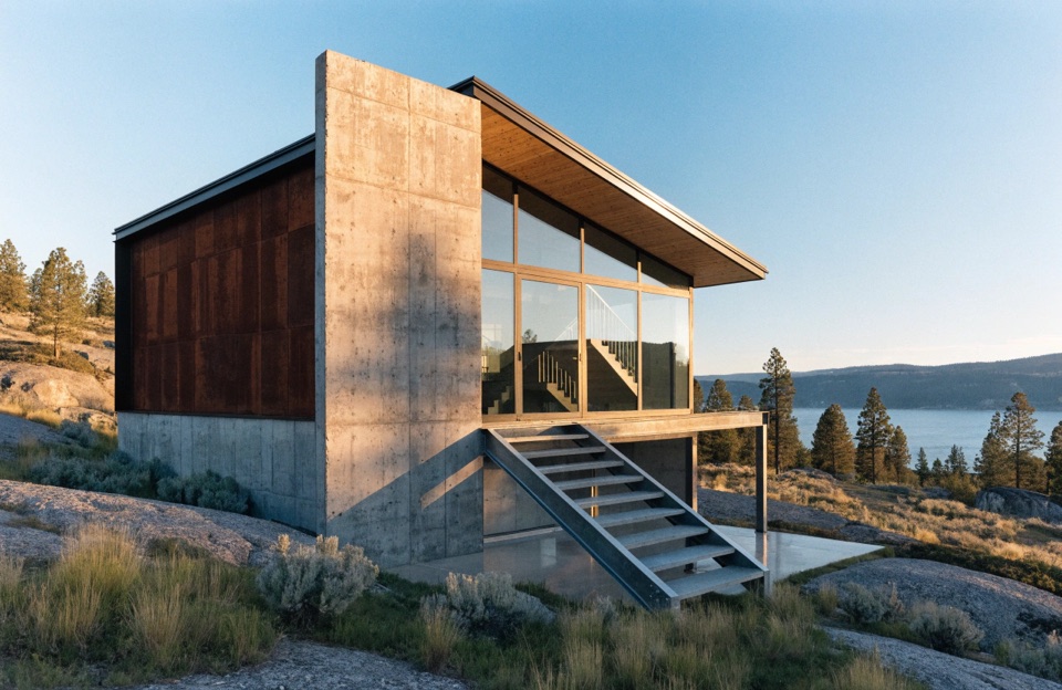 The long Corten elevation again, warmer light, terraced hills behind.
