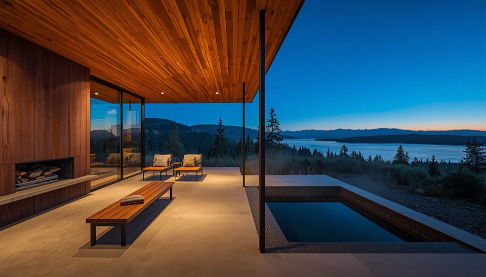 Covered outdoor room, early evening variant.