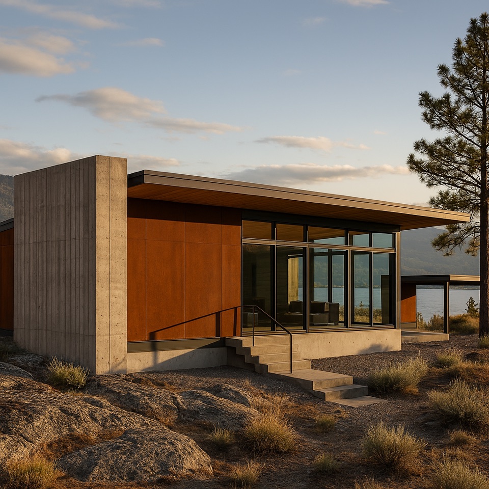 Corten and board-formed concrete at golden hour, steel glazing, steps cut into the rock.