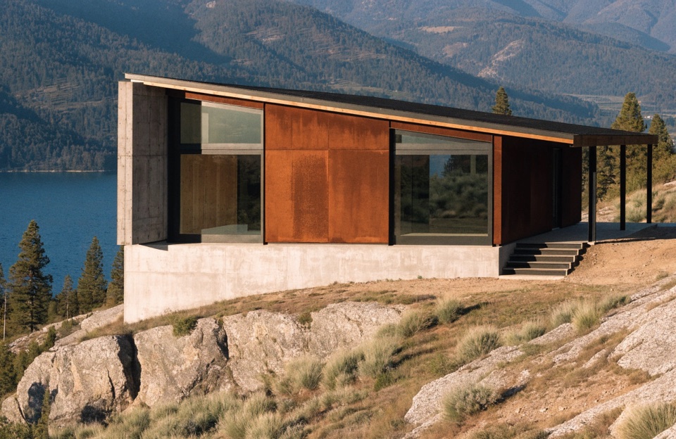 Corten panels and board-formed concrete on a poured plinth, steel canopy running off the end. The long elevation.
