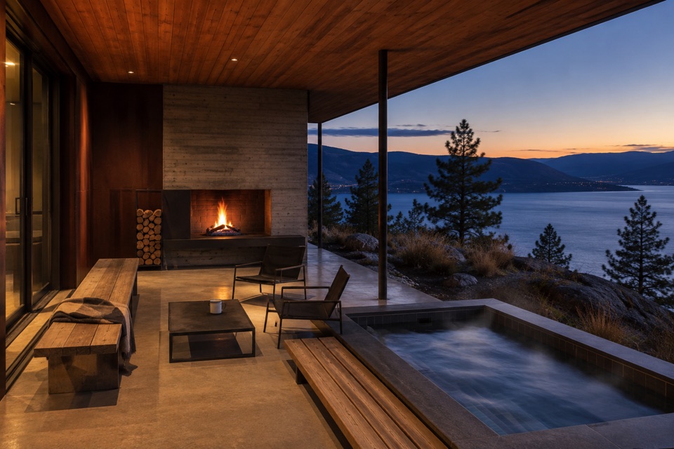 Your ChatGPT run: the outdoor room at dusk. Concrete firebox, Corten wall, fir ceiling, hot tub steaming, lake going dark.