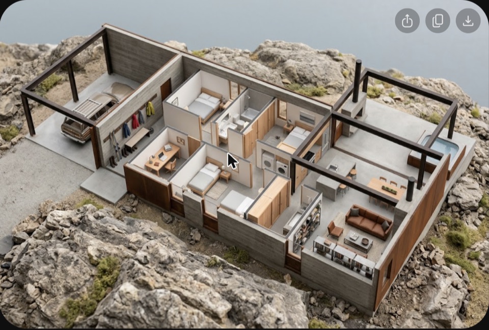 Roof off: the whole 1,900 sf. Carport, mudroom, office, two beds and a bath, laundry, primary suite, great room, then the covered terrace and hot tub.