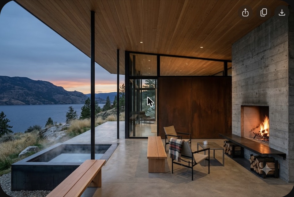 The outdoor room. Roof carried past the glass on steel, concrete firebox, steel-edged hot tub sunk in the slab.
