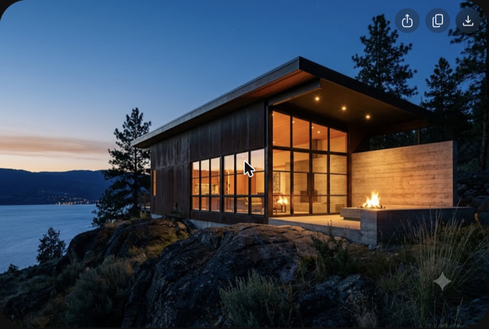 Blue hour. Corten goes dark, the glazed side becomes a lantern, the outdoor hearth lights the concrete wall.