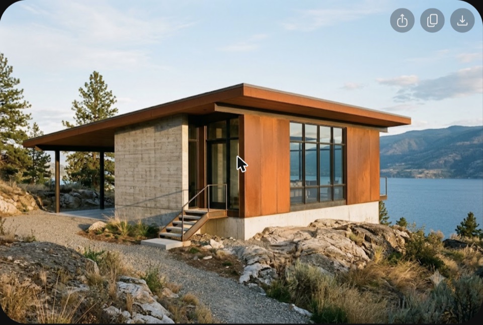 The Kundig house. Corten, board-formed concrete, blackened steel windows, one shed roof, sited on raw rock.