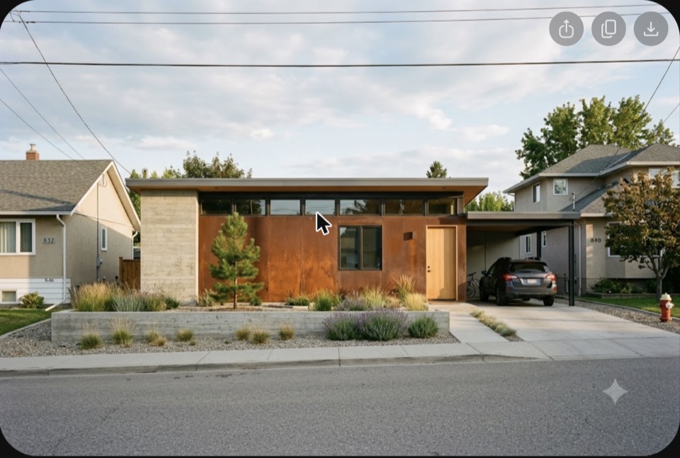 The same house on an ordinary 50 foot Kelowna lot, neighbours either side. Closed Corten face to the street, all the glass saved for the private side.