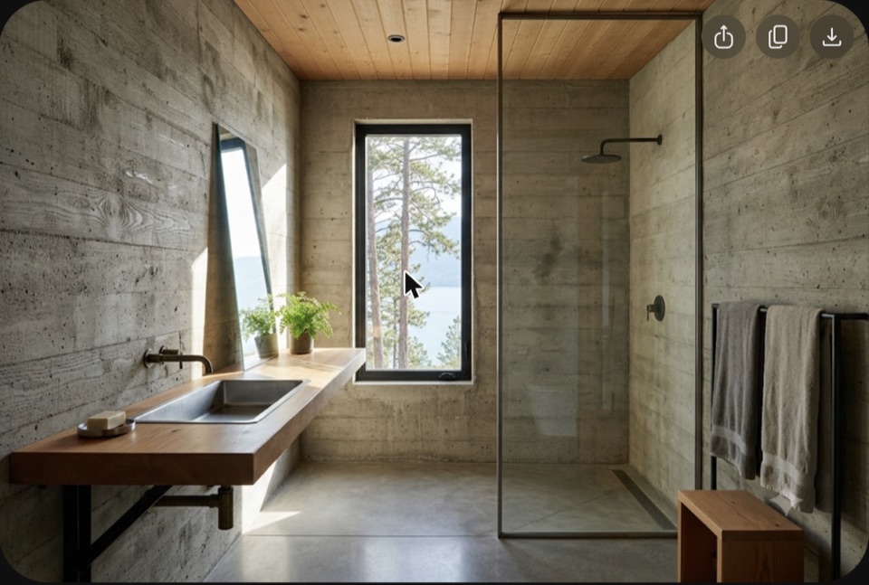 Ensuite. Fir slab vanity on steel brackets, trough basin, brass going brown, a doorless shower that is just a corner of the room.