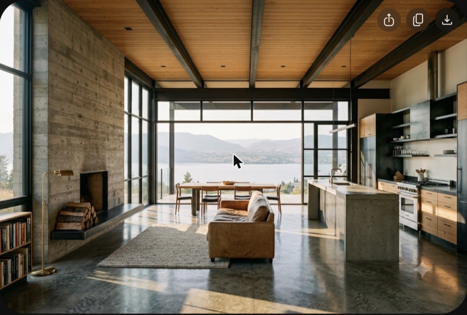 The great room. Polished slab, board-formed concrete hearth wall, fir deck on steel beams, concrete island. Structure is the finish.