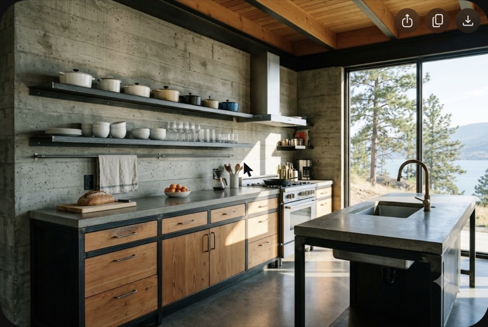 Steel frames, fir fronts, concrete counters, no upper cabinets. Two open steel shelves and a brass tap going brown.
