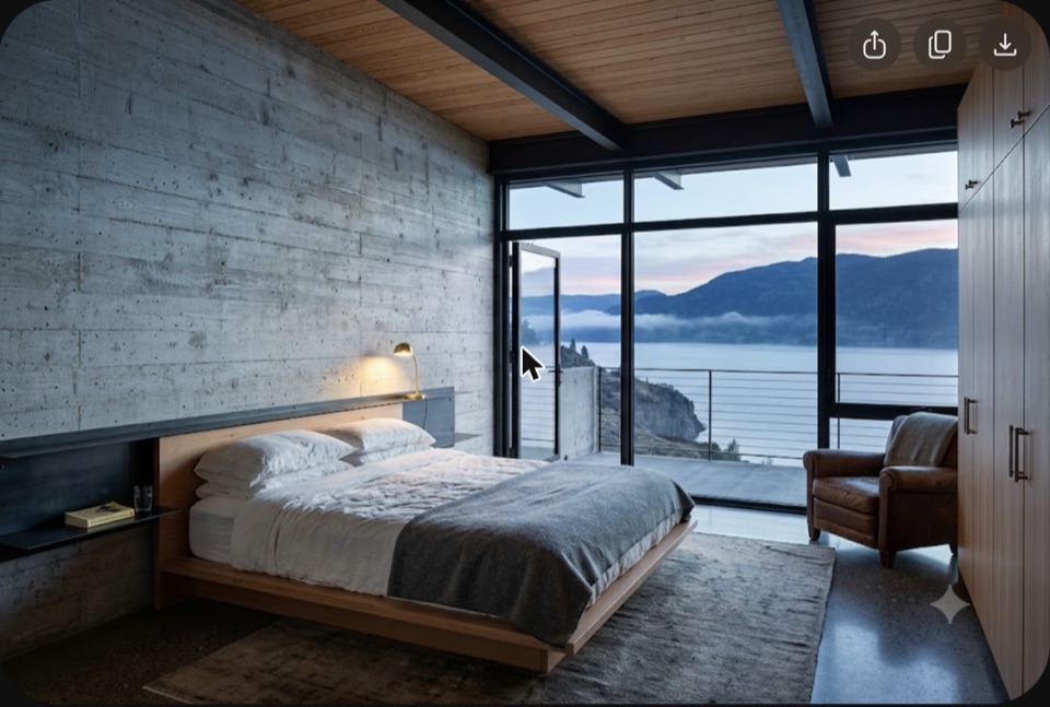 Primary bedroom. Bare board-formed concrete instead of a headboard, a steel shelf as the bedside, mist on the lake at dawn.