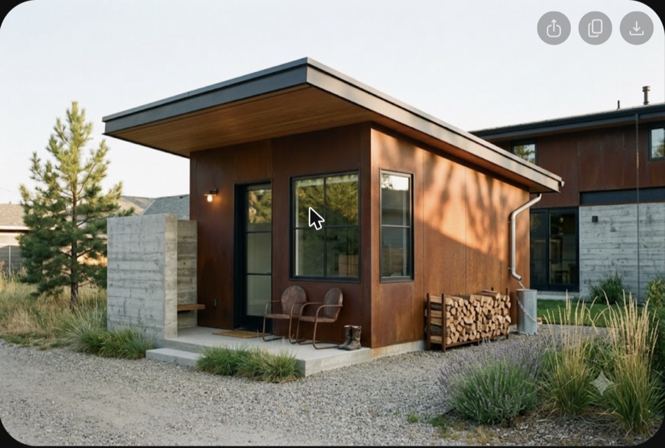 The laneway unit, 550 sf, built exactly like the main house. Corten, concrete entry court, fir soffit, firewood and boots by the door.