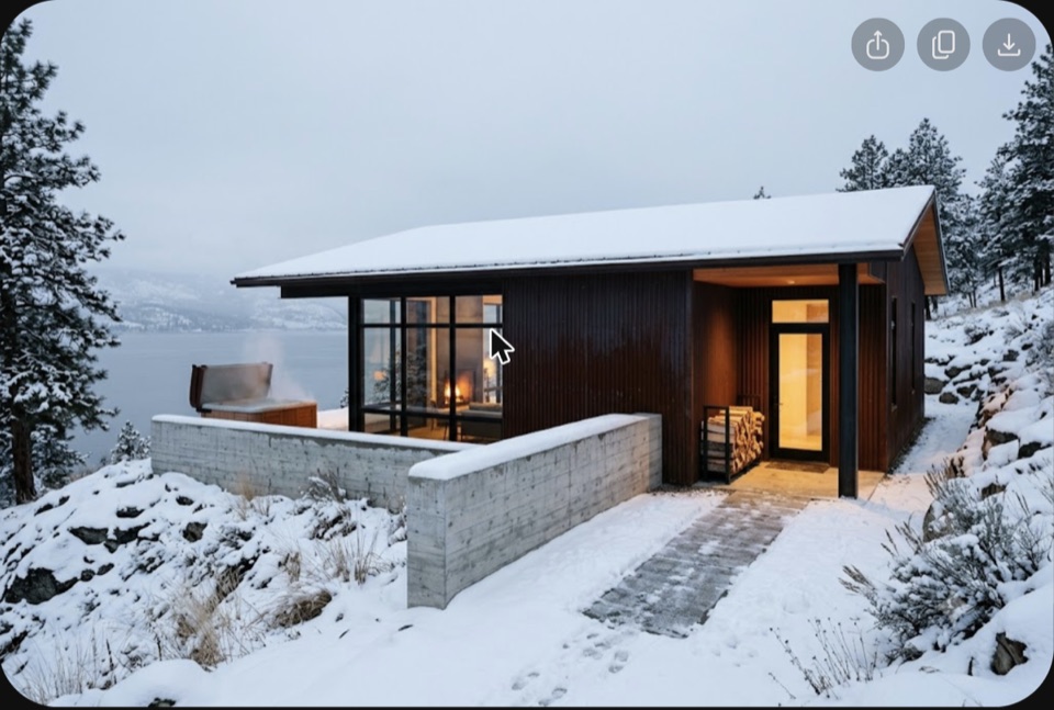 Deep winter. Corten goes almost oxblood, concrete goes cold, and the only thing left is the warmth inside. Steam off the tub, wood by the door.