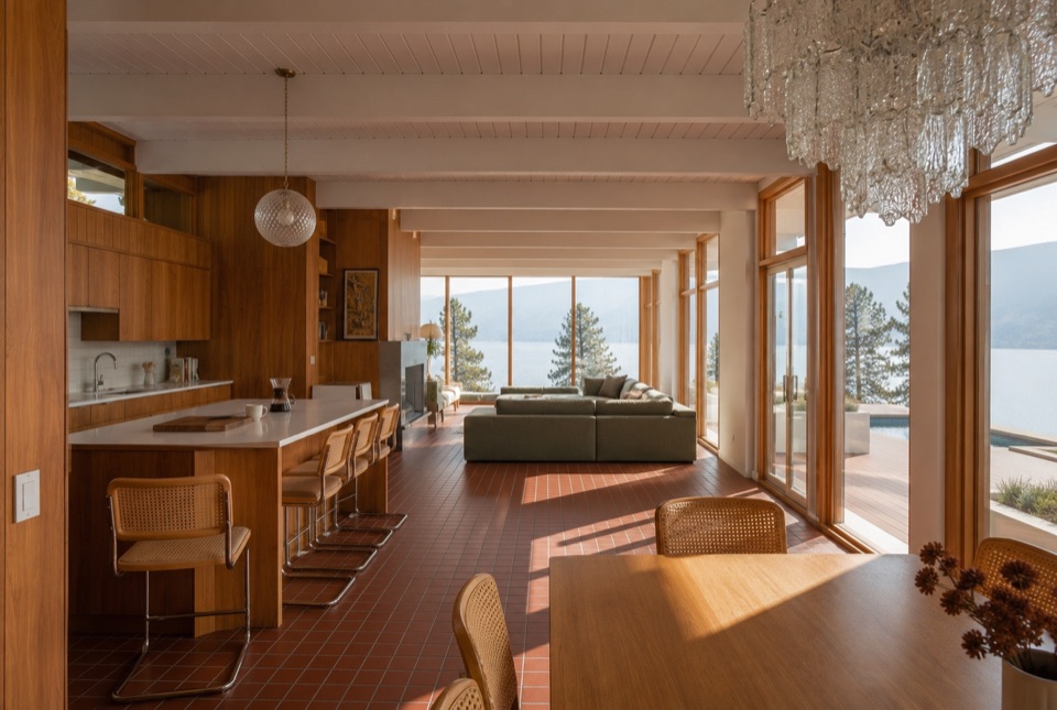 The whole open plan in one frame: dining end, island, living, lake. Morning sun raking across the tile.