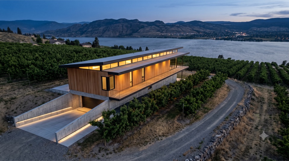 Dusk over the orchard. One roof plane, the ramp cut down to the garage, the lake going silver.