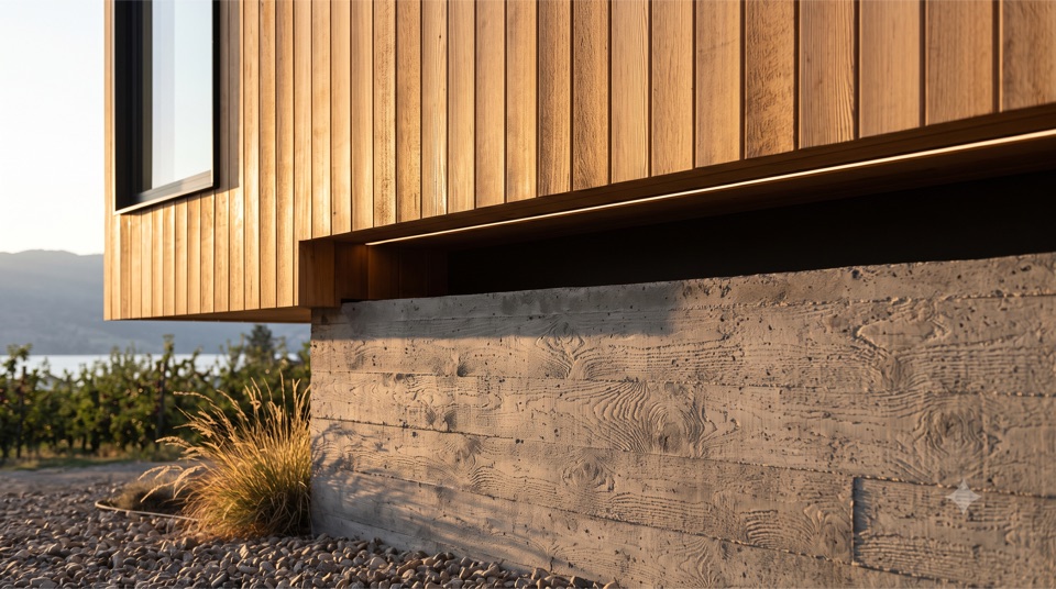 Cedar meets board-formed concrete: a shadow reveal, one linear light. The only concrete on the house is the wall that had to be poured anyway.